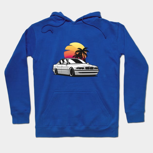 White E38 classic saloon in sunset Hoodie by KaroCars